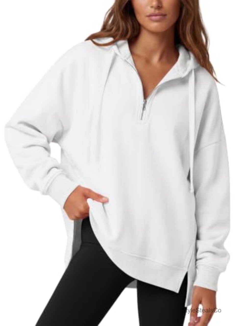 Oversized Quarter Zip Hoodie Side Split Loose Fit Long Sleeve Pullover